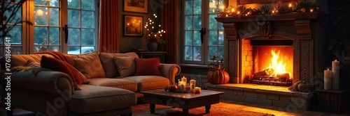 Warm & Inviting Living Room with Glowing Fireplace Perfect AutumnWinter Home Scene