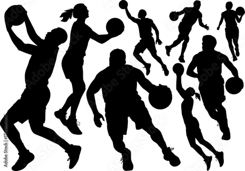 set of silhouettes of male and female basketball players.eps