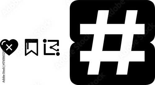 Social media icons hashtag save bookmark heart symbols for engagement and sharing