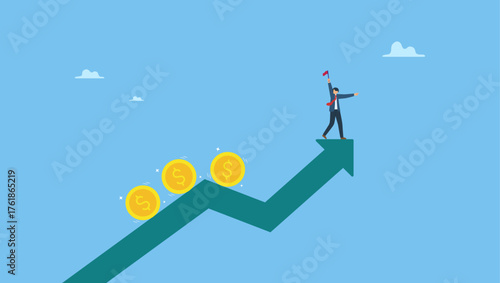 Businessman leading investment dollar money coin up on rising graph arrow. Investment growth, rising economic make money profit, earning or saving, wealth increase, income or growing revenue.