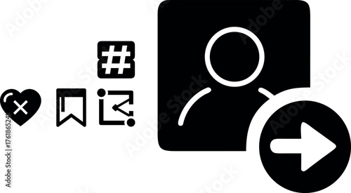 Social media icons for login account management profile sharing likes and hashtags