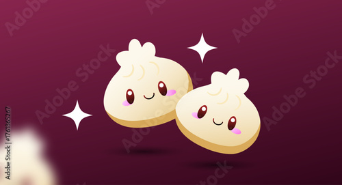 Adorable flat vector of multiple dumpling or momo characters with smiling faces. Perfect for Asian food design, packaging, or stickers.