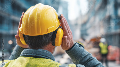 Construction worker wearing ear protection, emphasizing safety