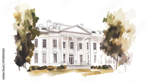 The White House. The White House hand drawn watercolor illustration