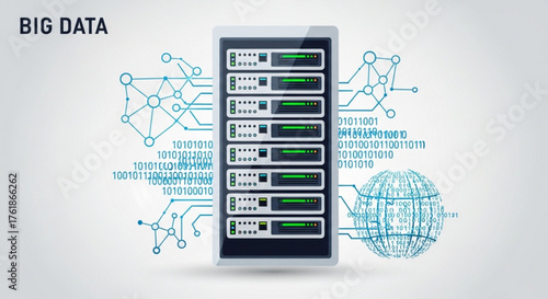 Illustration of a server rack with the words big data, representing data storage, processing, and analysis for business