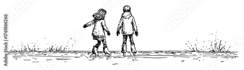 two children ice skating on frozen lake vector sketch