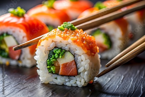 Delicious sushi rolls with salmon and avocado being eaten with chopsticks