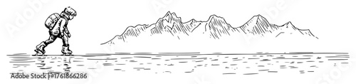 hiker walking on frozen lake with mountains winter adventure