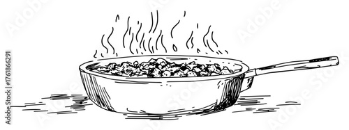 hot food cooking in frying pan vector sketch illustration