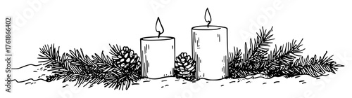 two christmas advent candles with pine decoration sketch
