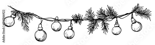 hand drawn pine garland with hanging baubles sketch isolated on white vector illustration