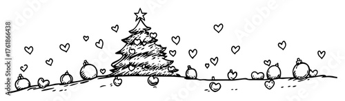 cute christmas tree with hearts and baubles doodle vector
