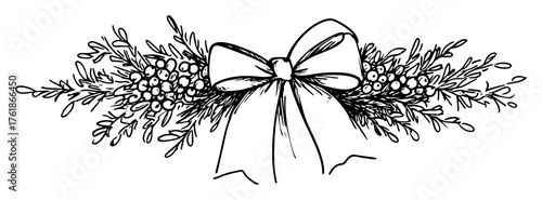 christmas bow with holly and fir branch decoration sketch