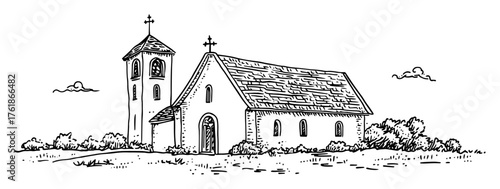 hand drawn country church building sketch isolated on white vector illustration