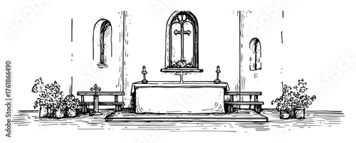 hand drawn church altar interior sketch isolated on white vector illustration