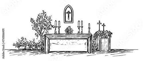 hand drawn church altar table with candles sketch isolated on white vector illustration