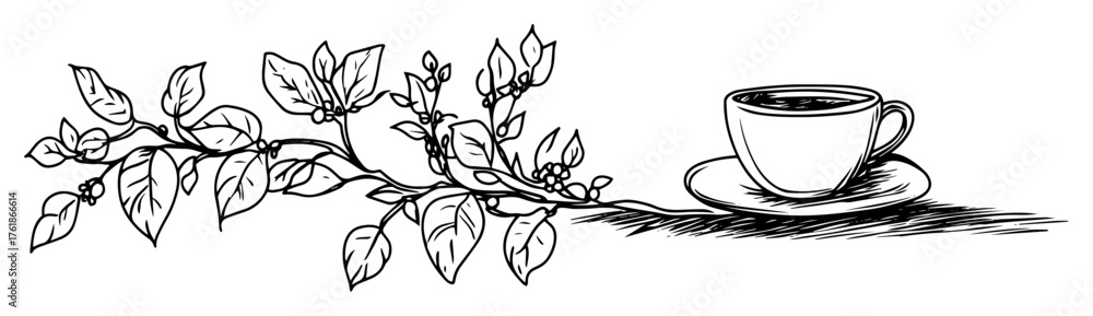 Obraz premium hand drawn coffee cup with coffee branch sketch isolated on white vector illustration