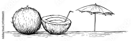 hand drawn coconut drink and beach umbrella sketch isolated on white vector illustration