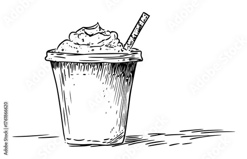 hand drawn milkshake cup with whipped cream sketch isolated on white vector illustration