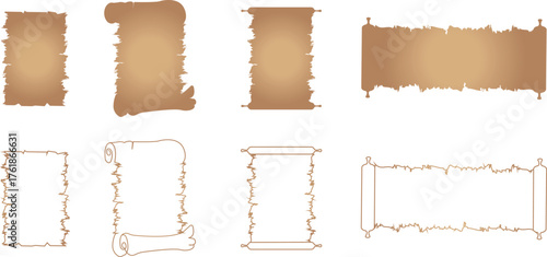 Old letter scroll set, vintage parchment collection, ancient manuscript group, old paper sheet bundle, antique document scrolls, flat and line style retro writing paper illustration design