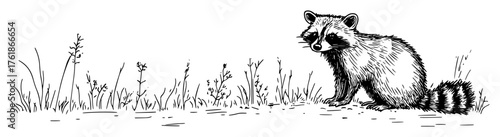 raccoon walking in grass wild animal nature sketch vector