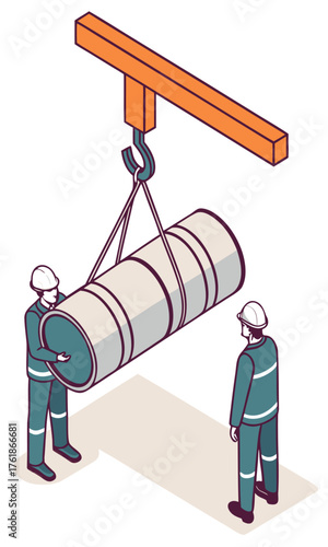 Two technicians operating overhead slewing jib crane in manufacturing workshop, isometric isolated cartoon vector.