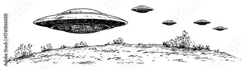 ufo flying saucer fleet over landscape alien invasion sketch