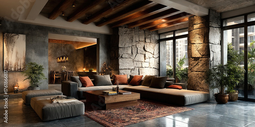 Stylish modern Indian interior design with natural elements and cozy seating
