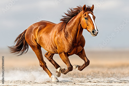 Majestic Brown Horse Galloping Freely Across Open Field in Motion