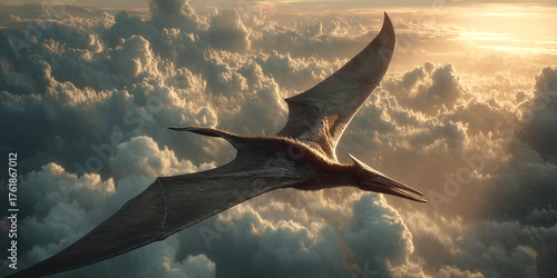 Majestic pterodactyl soaring over primeval mountains and forest at sunset