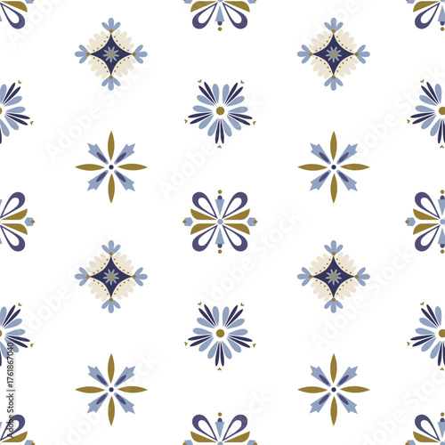 Vector seamless pattern with geometric flowers and stylized leaves in blue and beige Elegant Scandinavian ornament for textile, wrapping paper, wallpaper and home decor Modern folk art inspired design