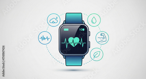 Smartwatch displaying health metrics and fitness tracking icons on, promoting wellness and a healthy lifestyle through technology