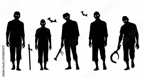 Silhouettes of a zombie procession with staggering figures perfect for eerie Halloween and horror themed designs.