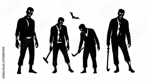 Silhouettes of a zombie procession with staggering figures perfect for eerie Halloween and horror themed designs.