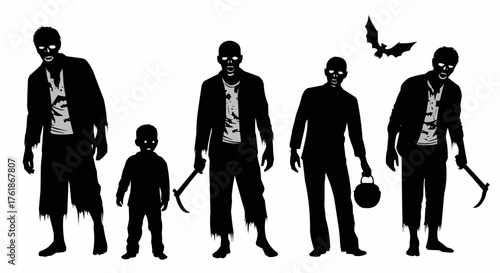 Silhouettes of a zombie procession with staggering figures perfect for eerie Halloween and horror themed designs.