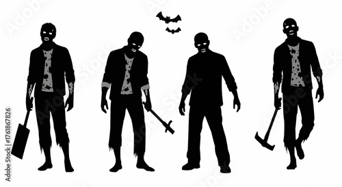 Silhouettes of a zombie procession with staggering figures perfect for eerie Halloween and horror themed designs.