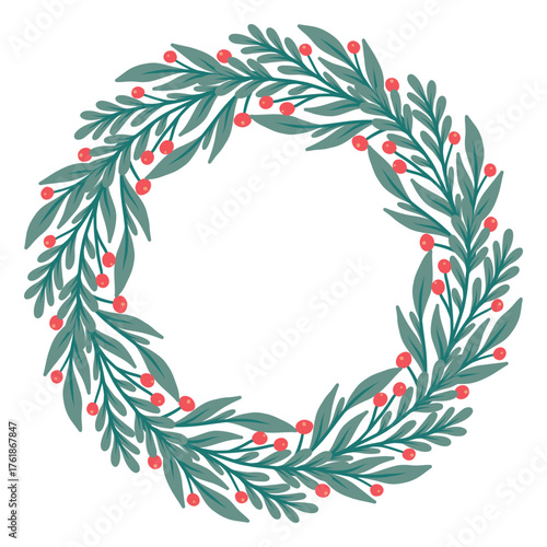 Christmas round frame with holly berries and mistletoe. Xmas and happy new year postcard. Vector illustration, holiday invitation.