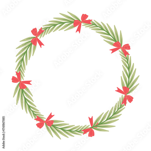 Christmas round frame with holly berries and mistletoe. Xmas and happy new year postcard. Vector illustration, holiday invitation.