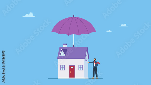 Young man house owner with his house under strong cover umbrella. House insurance, home disaster insure coverage or safety or shield for residential building.