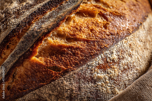 Rustic sourdough crust detail showcasing texture and warm tones