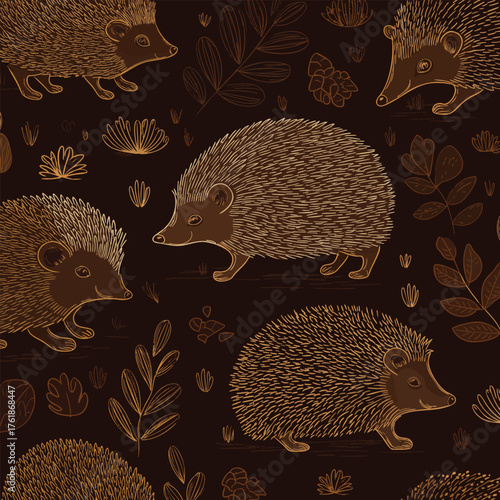 Cute animal seamless pattern. Brown hedgehog drawn in line art style. Animal in wild. Flat vector design. For wallpaper, textile, packaging, background, or website.