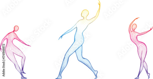 Graceful Dancers in Motion: Three elegantly stylized figures express fluid movement and artistic expression, their forms outlined in a captivating display of color and form.