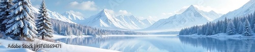 Wallpaper Mural Serene Winter Wonderland Snow-Covered Forest, Frozen Lake, and Majestic Snow-Capped Mountains under a Clear Sky Torontodigital.ca