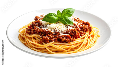 Delicious spaghetti Bolognese topped with grated cheese and a fresh basil leaf, served on a white plate isolated on solid white background in Png