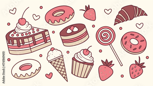 A playful illustration of assorted sweets, including cakes, donuts, ice cream, a cupcake, lollipops, strawberries, and a chocolate croissant—decorated with hearts for a cheerful, dessert-themed vibe.