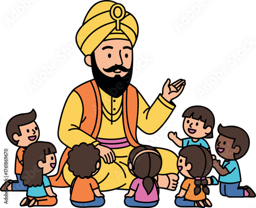 Guru Gobind Singh teaching Sikh children in a friendly cartoon style