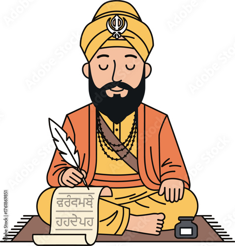 Guru Gobind Singh Writing Poetry Flat Illustration