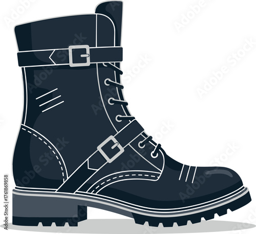 Black Combat Boot with Buckles and Laces