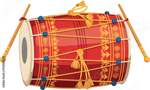 Traditional Red and Gold Punjabi Dhol Drum with Sticks