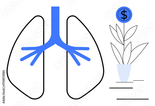 Abstract representation of lungs alongside a growing plant with financial coin element above. Ideal for health, biology, sustainability, environmental impact, economic growth, eco-friendliness